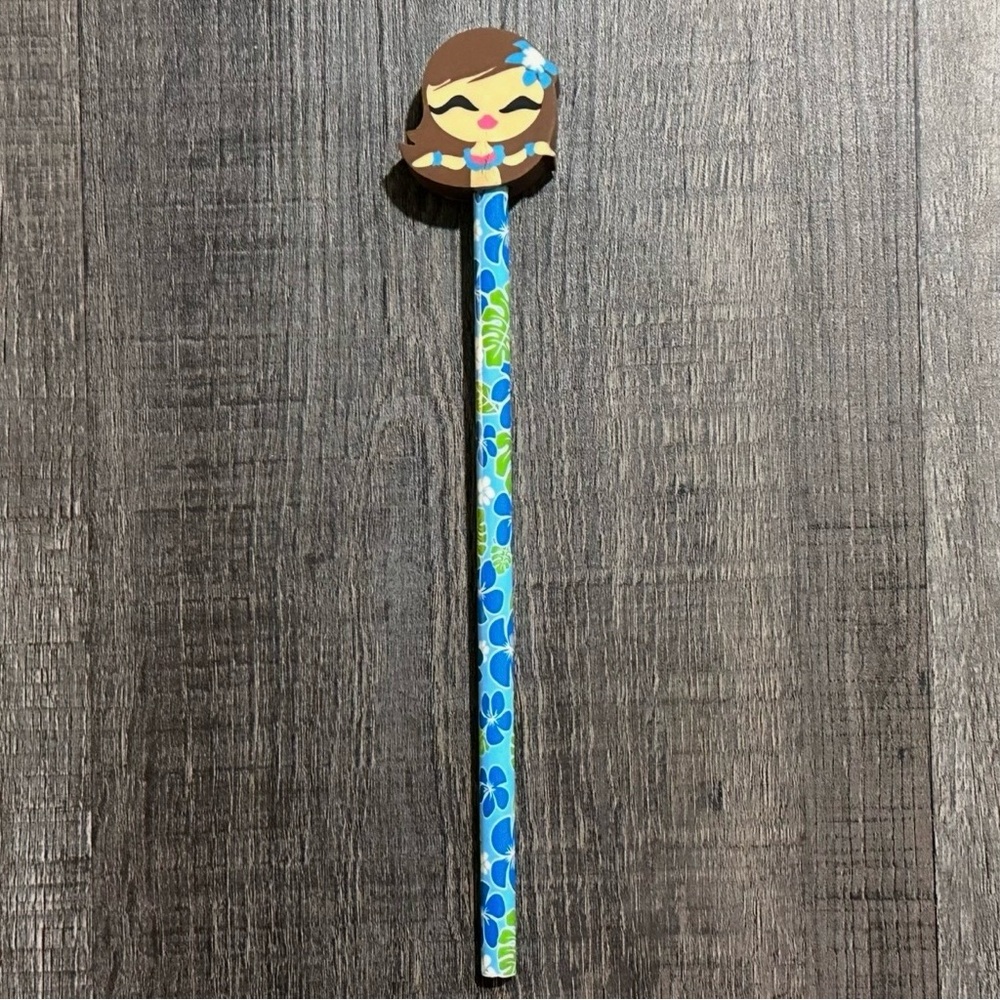 💞 New Blue Floral Pencil With Hawai’ian Hula Dancer Eraser